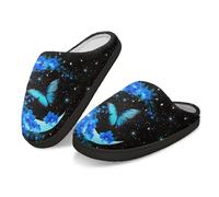 Kuiaobaty Pantuflas de gato de dibujos animados para mujer, pantuflas peludas, zapatos de Navidad cómodos para casa, suela dura para interiores y exteriores, Blue Morpho Crescent Moon, 43.5/44 EU