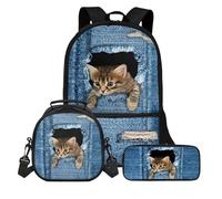 KUIFORTI Mochila escolar 3 en 1 para niños y niñas, con bolsas de almuerzo y caja de lápices para jardín de infantes, mochila informal de primaria, Divertido gato vaquero, Talla única, Mochila escolar