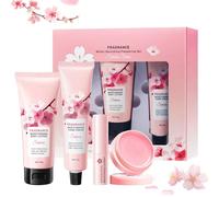 KUIRUNRX® Set Regalo Mujer, Juego de Cuidado de la Piel de flor de Cerezo, Kit Regalo Bienestar 4 pz para mujer con Body Lotion, Crema de Manos, Balsamo Labial, Crema Hidratante