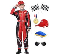 KUKIKUKI Disfraz de Conductor de Coche de Carreras para Niños Mono de Carrero con Gorra de Coche para Niños Disfraz para Halloween (Set Rojo, 140)