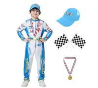 KUKIKUKI Disfraz de Conductor de Coche de Carreras para Niños Mono de Carrero con Gorra de Coche para Niños Disfraz para Halloween (Azul, 120)