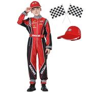 KUKIKUKI Disfraz de Conductor de Coche de Carreras para Niños Mono de Carrero con Gorra de Coche para Niños Disfraz para Halloween (Rojo, 110)