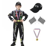 KUKIKUKI Disfraz de Conductor de Coche de Carreras para Niños Mono de Carrero con Gorra de Coche para Niños Disfraz para Halloween (Negro, 120)