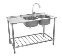 KuKoo Fregadero de Cocina Independiente Doble Seno con Escurridor a la Izquierda Acero inoxidable 120x79x60cm con Dispensador Jabón Tapones de Colador + Grifo GRATIS Lavaplatos 2 Senos+Escurridor