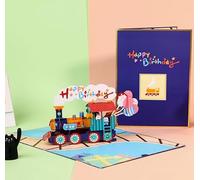 KUKUTrue® Tarjeta de felicitación de cumpleaños 3D desplegable con locomotora de vapor, escena azul del ferrocarril, conejo y gato con globos, tarjeta sorpresa para cumpleaños