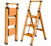 KULACO Escalera Plegable de 3 peldaños con barandilla, Aluminio Antideslizante Extra Ancho, Acabado Madera, Carga máx. 150 kg para Cocina, hogar y Garaje