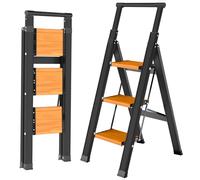 KULACO Escalera Plegable de 3 peldaños con barandilla, de Aluminio Antideslizante y Extra Ancha, Ligera hasta 150 kg, en Negro e imitación Madera para Cocina, hogar y Garaje