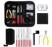 Kulannder Juego de 15 piezas de reparación de guitarra: juego de cuidado con limas de aguja de guitarra de acero inoxidable, cuerdas de guitarra, llave Allen, paño de limpieza y funda portátil para