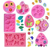 KULENAND Juego de moldes de silicona para tartas, 8 piezas, rosa, mariposa, margarita, hoja de rosa y mini flores, caramelo de fondant para chocolate, arcilla polimérica, jabón, proyectos de