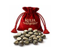 KULIA Gold Pyrite Crystal Juego de 25 Runas con bolsa terciopelo Piedras rúnicas del Elder Futhark talladas a mano para los Chakras Conjunto runas cristal y piedras preciosas con símbolos Reiki