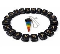 KULIA® Juego de 25 Piedras Rúnicas (Alfabeto) con Péndulo de los Siete Chakras Piedras Naturales Pulidas y Runas de Ágata Negra Talladas a Mano con Símbolo Reiki Regalos Religiosos