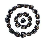 KULIA - Juego de 25 runas de ágata negra: piedras naturales talladas a mano con símbolos de Reiki y alfabeto rúnico grabado (piedras pulidas para chakras, decoración espiritual)