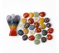 KULIA Juego de 25 Runas de Cristal Ángel de Bolsillo Feng Shui con Runas Piedra de Meditación de los Siete Chakras Amuleto de la Suerte Kit de Brujería para Equilibrar Chakras Estatua de Cristal