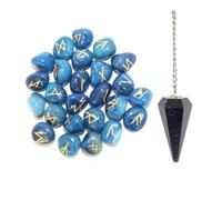 KULIA® Juego de 25 runas de cristal de ónix azul alfabeto rúnico y péndulo de arenisca azul (Feng Shui) tallados a mano piedras naturales pulidas para el equilibrio de los chakras juego de símbolos