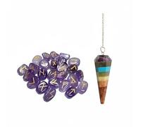 KULIA Juego de 25 runas para principiantes, amuleto de la suerte, runa de amatista, símbolo de Reiki, piedra curativa, equilibrio de chakras, kit de brujería, péndulo de cristal artesanal.
