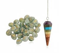 KULIA Juego de 25 runas para principiantes, amuleto de la suerte, runa de aventurina verde, símbolo de Reiki, piedra curativa, equilibrio de chakras, kit de brujería, péndulo de cristal artesanal.