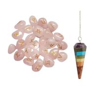 KULIA Juego de 25 runas para principiantes, amuleto de la suerte, runa de cuarzo rosa, símbolo de Reiki, piedra curativa para equilibrar los chakras, kit de brujería, péndulo de cristal artesanal.