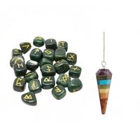 KULIA Juego de 25 runas para principiantes, amuleto de la suerte, runa de jade verde, símbolo de Reiki, piedra curativa para equilibrar los chakras, kit de brujería, péndulo de cristal artesanal.