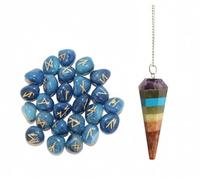 KULIA Juego de 25 runas para principiantes, amuleto de la suerte, runa de ónix azul, símbolo de Reiki, piedra curativa, equilibrio de chakras, kit de brujería, péndulo de cristal artesanal.