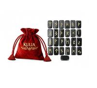 KULIA Juego de piedras rúnicas con bolsa de terciopelo rojo alfabeto Futhark antiguo grabado Juego de runas de cristal talladas a mano piedras pulidas de ágata negra símbolo de Reiki