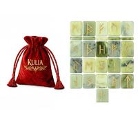 KULIA Juego de piedras rúnicas de cristal con bolsa de terciopelo rojo Alfabeto Elder Futhark grabado Juego de runas talladas a mano Piedra pulida serpentina Símbolo de Reiki Regalo para ella