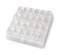 KULIA® Juego de runas de cristal con 1 placa de selenita - 25 piedras de cuarzo transparente grabadas Reiki Runas Futhark antiguas para principiantes, decoración del altar de equilibrio de chakras