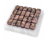 KULIA® Juego de runas de cristal con 1 placa de selenita - 25 piedras de rodolita grabadas Reiki con runas futhark antiguas grabadas para principiantes, equilibrio de chakras, decoración del altar