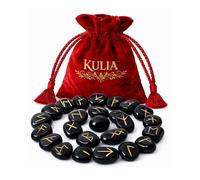 KULIA Juego de Runas de Cristal de 25 piezas piedras rúnicas Elder Futhark para chakras piedras preciosas de cristal de ágata negra talladas a mano con bolsa terciopelo juego de runas con símbolo