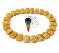 KULIA® Juego piedras rúnicas (25 piezas) con péndulo de cristal de los 7 chakras; runas de aventurina amarilla (Feng Shui) alfabeto rúnico y símbolos Reiki tallados a mano; juego de gemas naturales