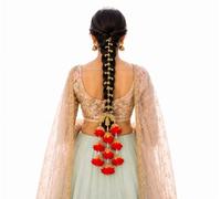 KULIA® Paranda nupcial roja y dorada para mujer, tradicional punjabi, hecha a mano, accesorio floral para el cabello con borlas, joyería tradicional india para boda, trenza de joyería nupcial