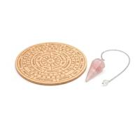 KULIA® Péndulo de Cristal con Tablero de Radiestesia de Madera Feng Shui, Cuarzo Rosa (Reiki) Kit de Radiestesia con Piedra Rodada Péndulo de Gema Natural con Gráfico Grabado Regalos de Reiki