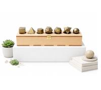 KULIA® Platonic Solids Gold Pyrite Set de 7 piezas con caja madera tallada a mano (diseño de geometría sagrada); incluye piedras naturales pulidas, amuletos de la suerte y piedras para Reiki