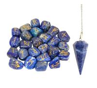 KULIA® Runas de Cristal: Juego de 25 piezas con el alfabeto rúnico incluye un péndulo de lapislázuli Runas talladas a mano con símbolos Reiki piedras pulidas ideales para decoración del hogar