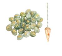 KULIA® Runas Piedras Alfabéticas Juego de 25 Piezas Péndulo de Cristal de Aventurina Verde Tallado a Mano Reiki Piedra Tumble Set Rúnico Decoración de Oficina en Casa Símbolos Reiki Equilibrio