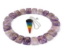 KULIA Set de 25 Runas de Cristal con Alfabeto Rúnico y 1 Péndulo de los 7 Chakras Piedras Rúnicas Naturales Pulidas con Símbolos Reiki Péndulo de Piedra Preciosa Tallado a Mano Set Rúnico Sanación