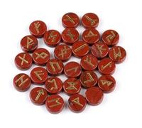 KULIA®Set de runas de cristal de jaspe rojo (forma redonda) 25 piezas (alfabeto Elder Futhark) Piedras pulidas con símbolos para Feng Shui Reiki Artesanales para principiantes y equilibrio de chakras