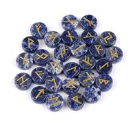 KULIA®Set de runas de cristal de sodalita 25 piezas (alfabeto Elder Futhark) Piedras pulidas con símbolos para Feng Shui y Reiki Artesanales para principiantes y equilibrio de chakras