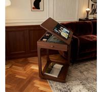 kumamart C-Shaped Side Table, Walnut Coffee Table for Couch Sofa Adjustable Desktop, Wooden End Desk with Lockable Wheels Rolling Side for Living Room, Bedroom(15.7"x15.7"x25.6")