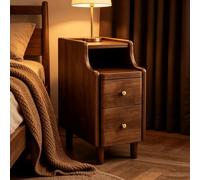 kumamart Mesita de Noche pequeña de Madera Natural for Dormitorio | Compartimento de almacenamiento doble, muesca eléctrica trasera, guía de rodillos silenciosa(Walnut color,20*40*50cm)