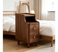 kumamart Mesita de Noche pequeña de Madera Premium for Dormitorio | Compartimento de almacenamiento doble, muesca eléctrica trasera, guía de rodillos silenciosa(Walnut color,25*40*50cm)