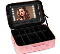 KuMers Bolsa de maquillaje de viaje de gran capacidad con espejo iluminado, estuche de maquillaje grande mejorado, organizador profesional impermeable para artistas cosméticos con separadores