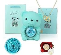 kumosaka Caja de Rosa Real preservada y Oso con Collar de corazón, Collar de corazón con Rosa Real en Forma de Oso, Caja de Regalo for Navidad, día de San Valentín, día de la Madre, cumpleaños(Blauw)