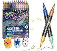 kumosaka Glitter Effect Brush Markers, 24/48/72/96 Colors Dual Tip Glitter Pens Set, Metallic Sparkle Markers for Cards, DIY Crafts, Doodle, Writing, Adults Coloring Books, Art Supplies Scrapbooking