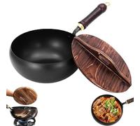 kumosaka Japanese Cast Iron Wok Pan, Uncoated Thick Iron Pot, Non-Stick Cast Irons Wok with Lid, High Purity Irons Frying Pan for Cooking