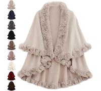 kumosaka Luxury Faux Fur Trim Cape Coat for Women Hooded Cape Shawl Poncho Winter Warm Cardigan Shawls