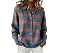 kumosaka Women's Plaid Print Casual Cotton Buttoned Cardigan Sweater, Long Sleeve Cozy Fall Knit for Women