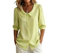 kumosaka Women's Retro Peter Pan Collar Striped Cotton Linen Shirt, Womens Button Down Shirts Plus Size Loose Casual Cute Blouse