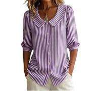 kumosaka Women's Retro Peter Pan Collar Striped Cotton Linen Shirt, Womens Button Down Shirts Plus Size Loose Casual Cute Blouse