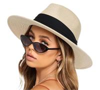 KUMSODE Mujeres Sombrero de Panamá Sombreros de Paja Sombrero de Verano Sombrero de Playa Fedora Sombrero de ala Ancha Sombrero de Paja UPF 50+