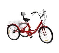 KumuJ Triciclo para adultos plegable de 24 pulgadas, 3 ruedas, 7 velocidades, bicicleta para adultos, triciclo, triciclo, bicicleta de crucero, con luz LED, cesta de verduras, portavasos (rojo)